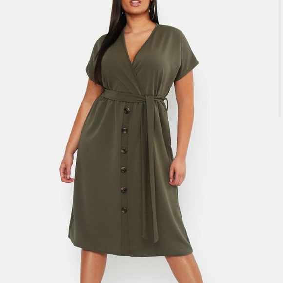 Plus Belted Button Midi Dress - Picture 1 of 4